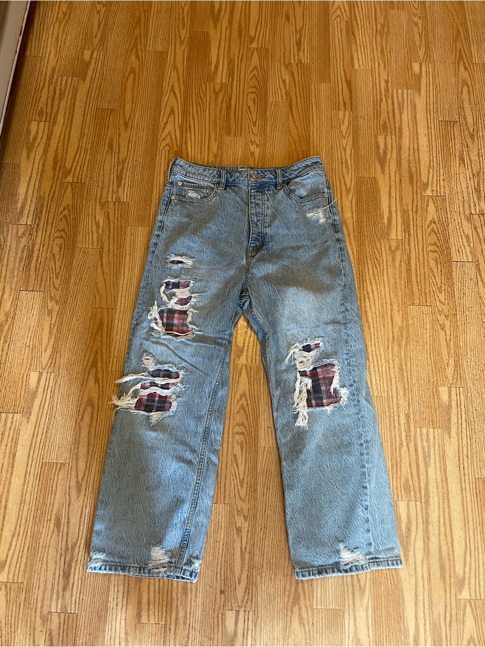 We The Free Light Blue Distressed Jeans with Red Plaid Patches